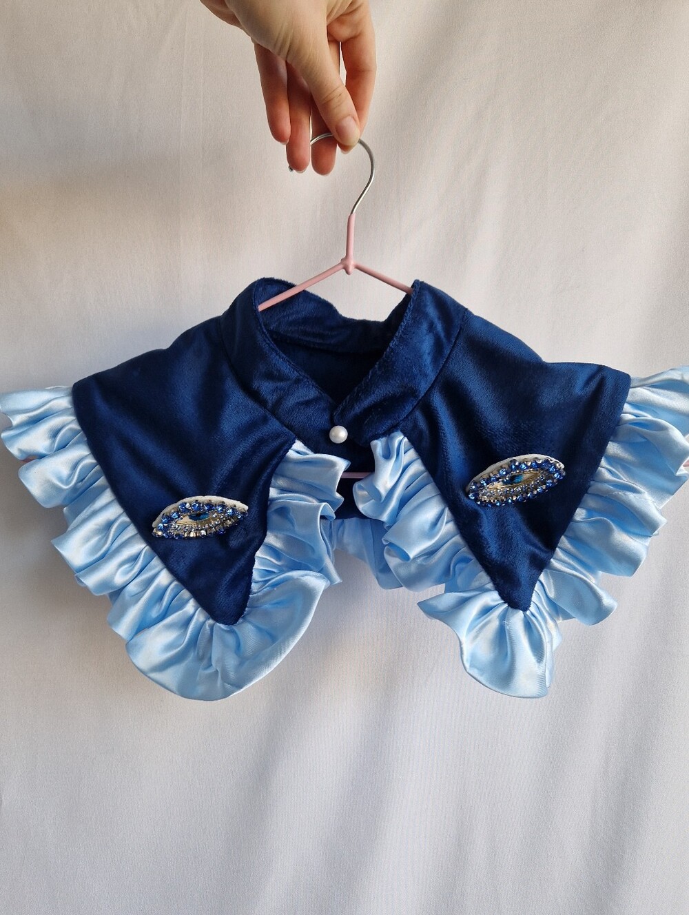 Navy Velvet Decorative Collar with Light Blue Satin Ruffles and Devil Eye Pins